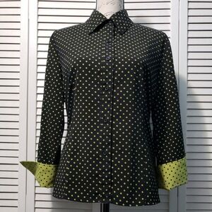 Apparenza Button-up Shirt Women's Medium Black & Green Polka-dot Collared Top